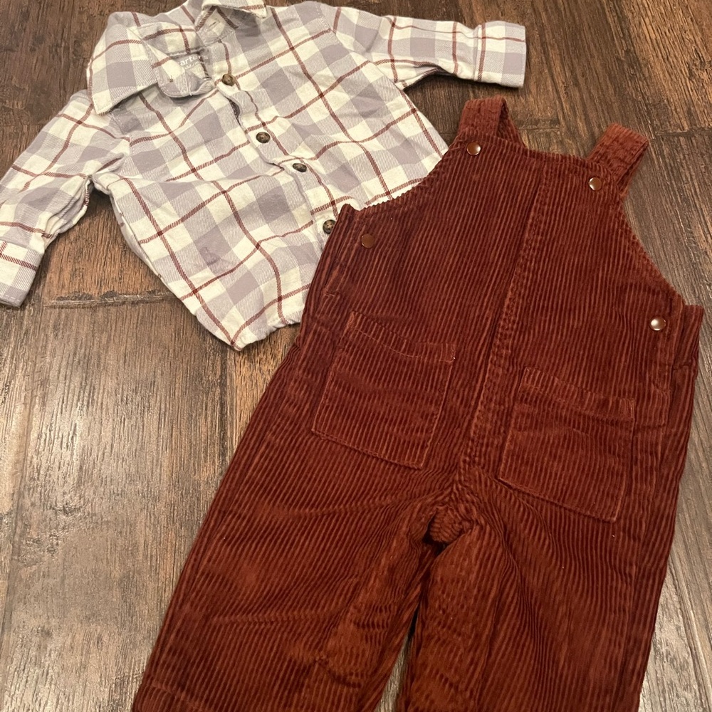 Kids Corduroy Overalls in Rust with Flannel